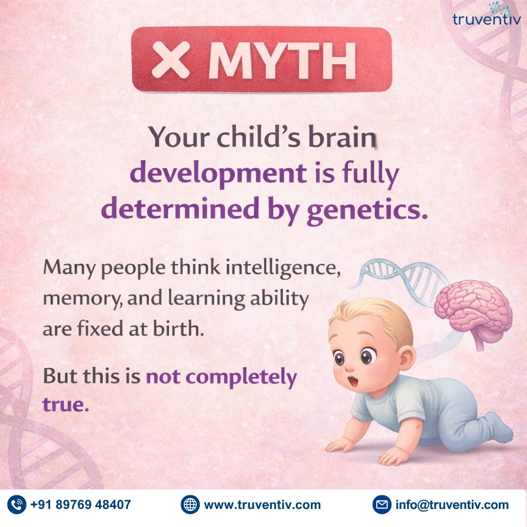 truventiv's tweet image. Many people believe a child’s brain development is completely decided by genetics. 🧠

But the truth is, both genes and environment play an important role. 
.
.
#MythVsFact #ChildBrainDevelopment #ChildDevelopment #ParentingTips #HealthyKids