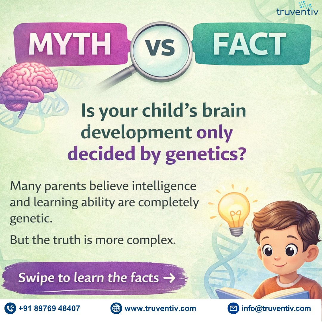 truventiv's tweet image. Many people believe a child’s brain development is completely decided by genetics. 🧠

But the truth is, both genes and environment play an important role. 
.
.
#MythVsFact #ChildBrainDevelopment #ChildDevelopment #ParentingTips #HealthyKids