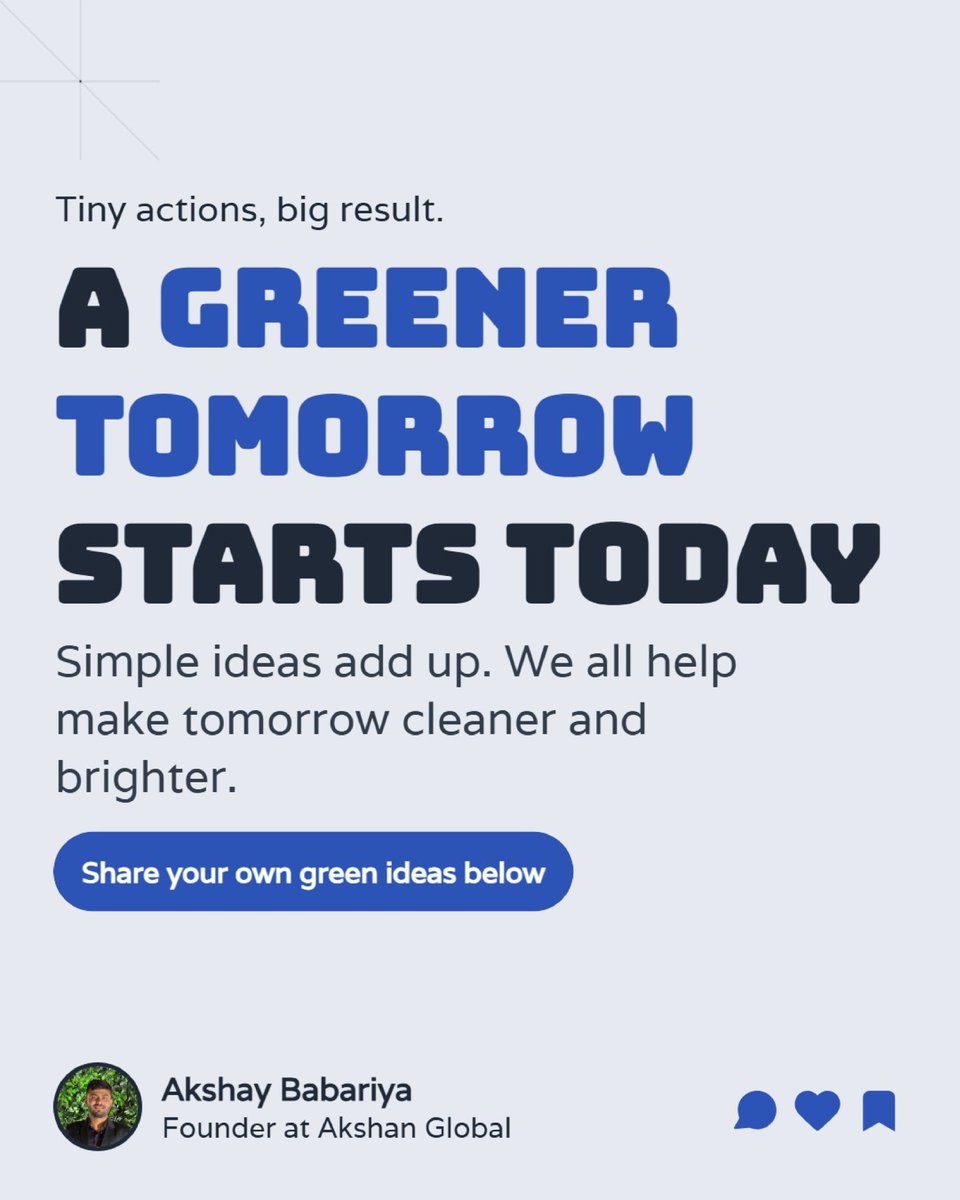 AkshanGlobal's tweet image. Small steps. Big impact 🌱

From saving water to reducing waste, every action brings us closer to a greener tomorrow.

Let’s build a better future together 🌍

#GreenerTomorrow #SustainableLiving #EcoFriendly #AkshanGlobal #GoGreen