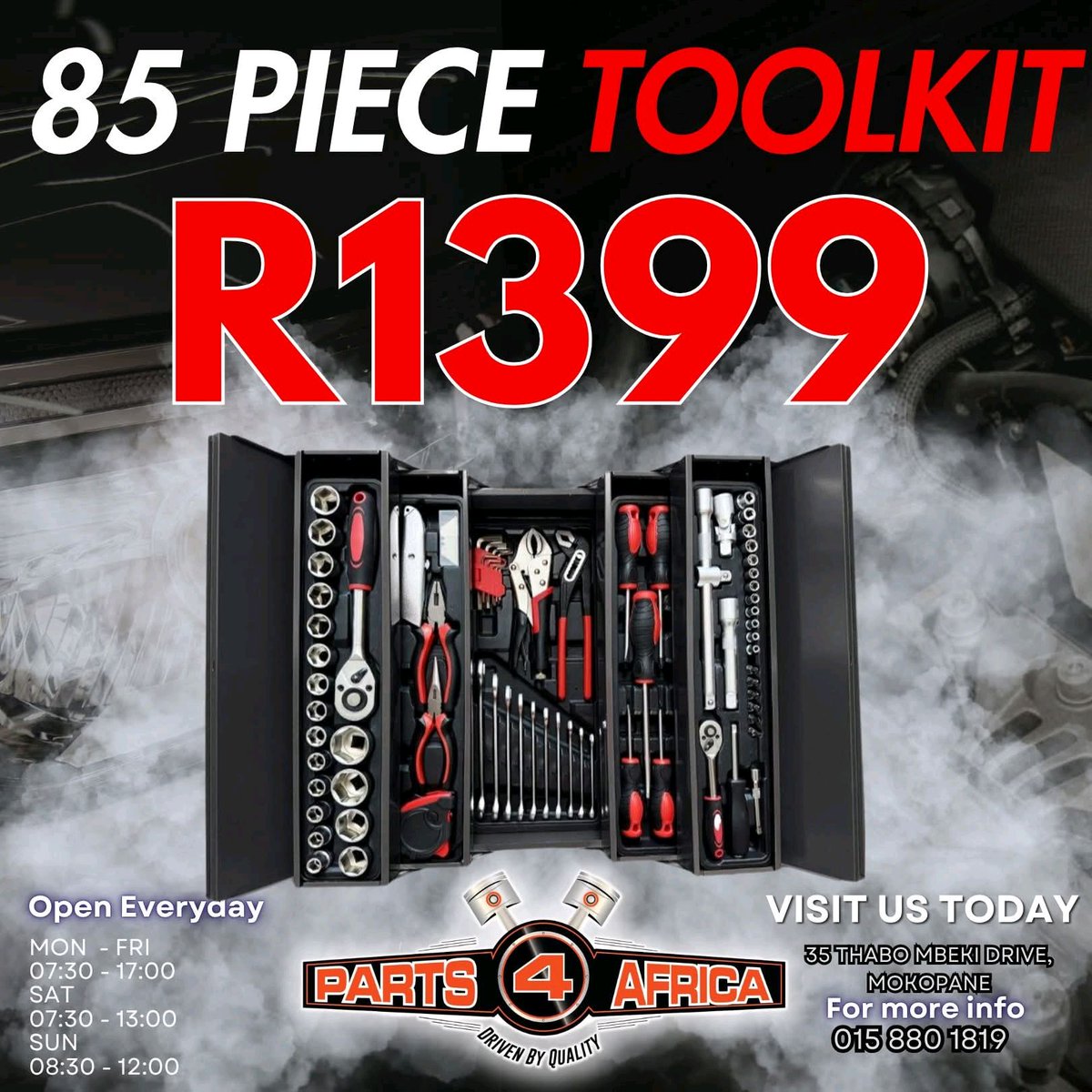 Pages_Potties's tweet image. Perfect for DIY, car or workshop use! This 85-Piece Tool Kit has everything you need to get the job done 💪
❗Only R1399❗
While stock lasts
Only at PARTS 4 Africa 
📞015 880 1819
📌35 Thabo Mbeki Drive, Mokopane
#ToolKit #DIY #Workshop #AtHome #Parts4AfricaMokopane