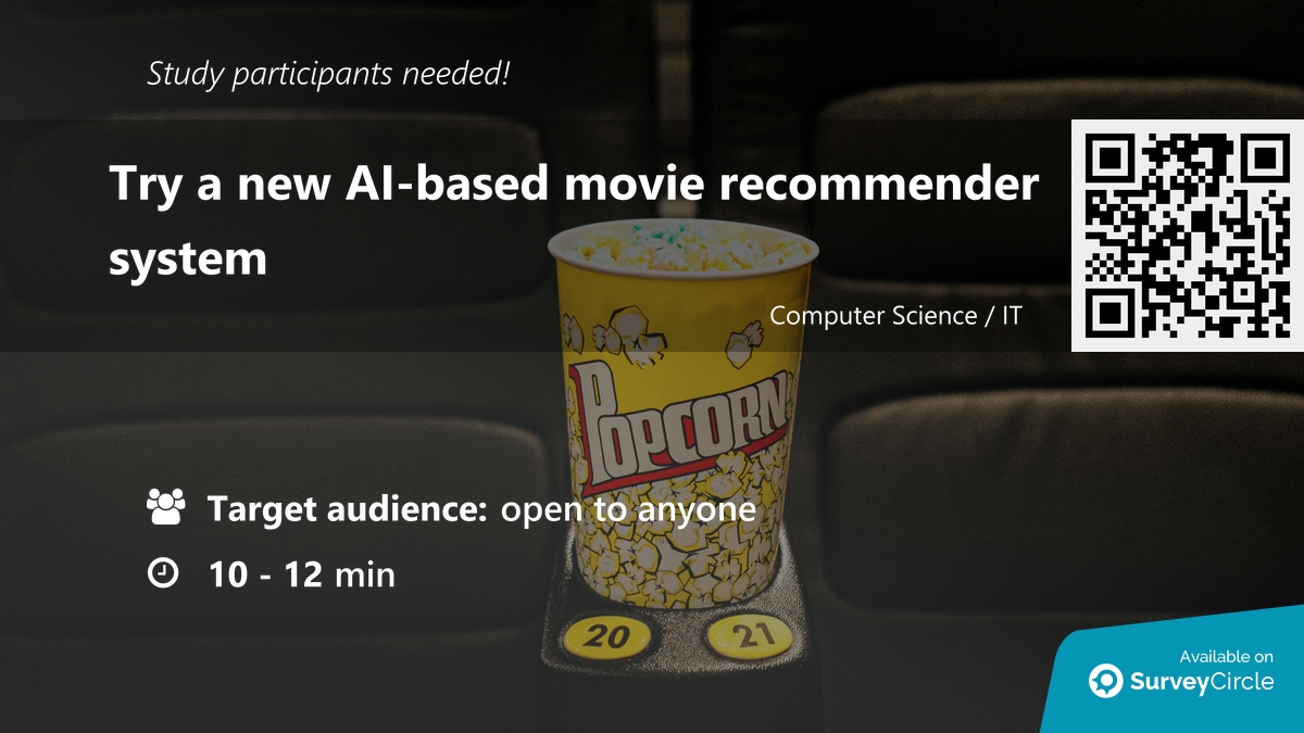 daily_research's tweet image. Participants needed for online survey!

Topic: "Try a new AI-based movie recommender system" surveycircle.com/CRW3M8/ via @SurveyCircle #uniofyork

#technology #interactive #movies #entertainment #academic