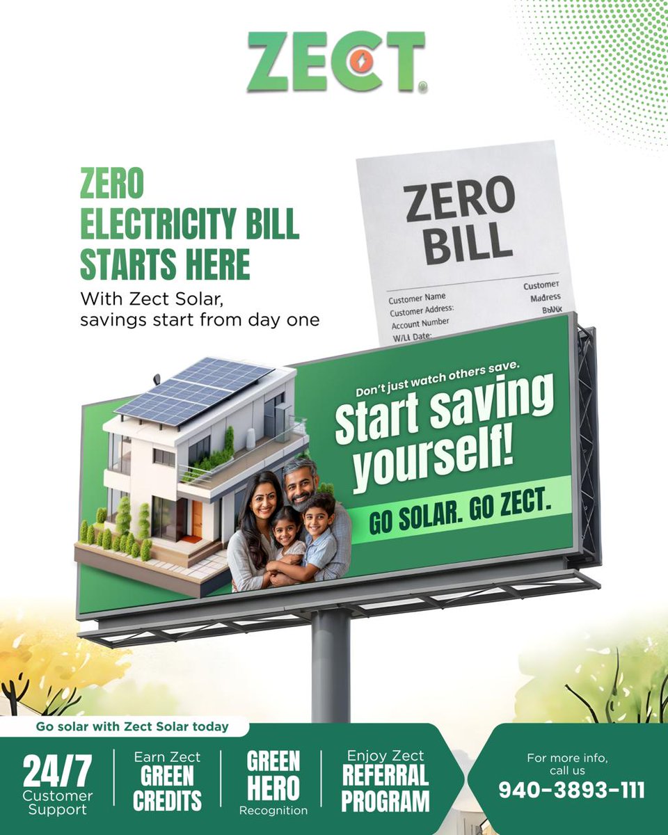 ZectSolar's tweet image. Say Goodbye to Electricity Bills with ZECT Solar
✔ Zero Electricity Bills
✔ 24/7 Customer Support
✔ Earn Green Credits
✔ Referral Benefits
Make the smart switch today. Go solar. Go ZECT.
📞 Contact us to get started!
#SolarEnergy #CleanEnergy #Sustainability #Zectsolar