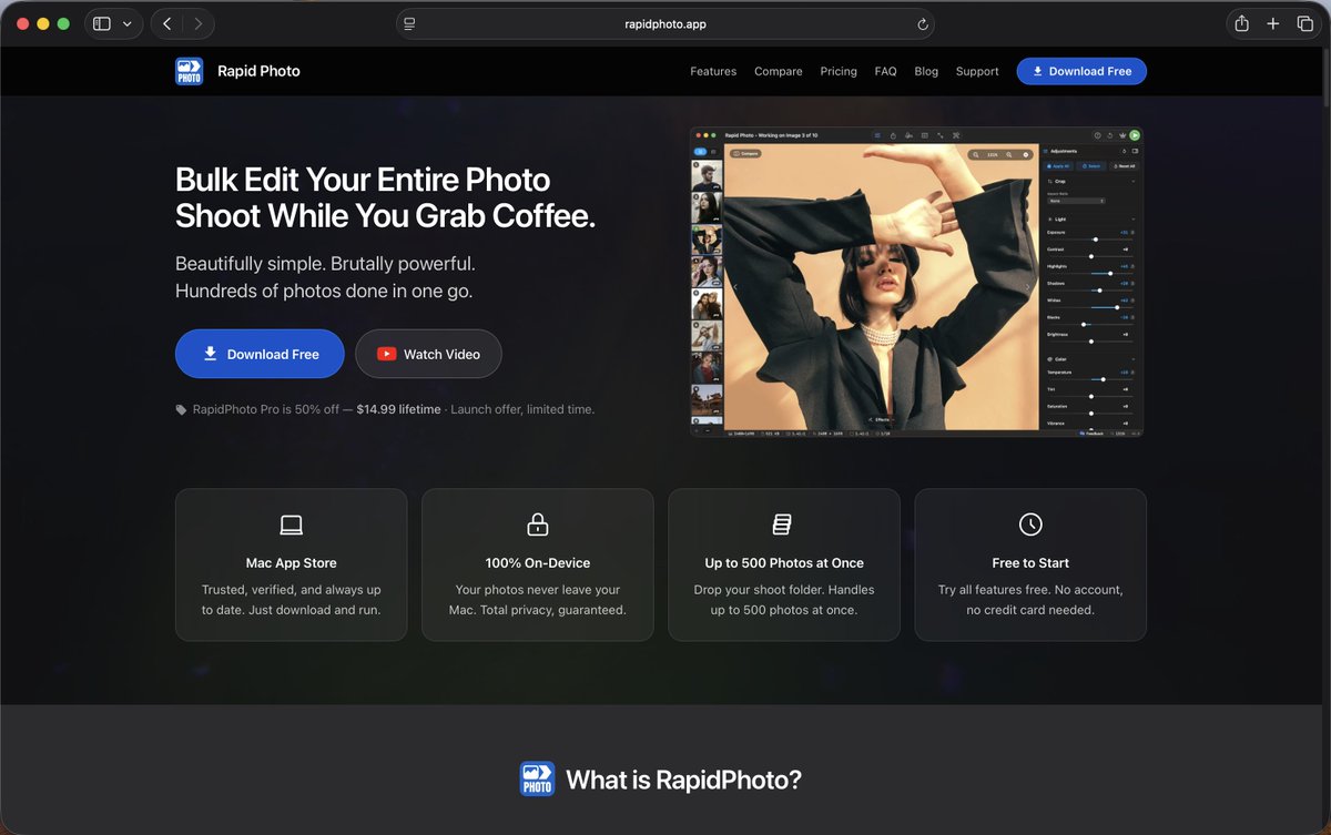 me_using_x's tweet photo. Spent the last 5 months building Rapid Photo.

Most editors focus on one image at a time, making bulk edits slow and frustrating. I built this to fix that.

With features like Apply All and Selective Apply, Rapid Photo is designed from the ground up for fast batch editing. https://t.co/37xW2wcK4u