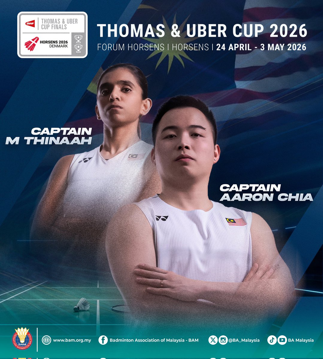 Our captains. Our pride. 🇲🇾

Aaron Chia 🤝 M. Thinaah
Ready to lead Malaysia at the Thomas &amp; Uber Cup 2026 in Horsens.

Aaron - 4️⃣ Thomas Cup appearances (2020, 2022, 2024, 2026)
Thinaah - 3️⃣ Uber Cup appearances (2020, 2022, 2026)

#TUC2026
#GemilangkanLagi
#BadmintonMalaysia