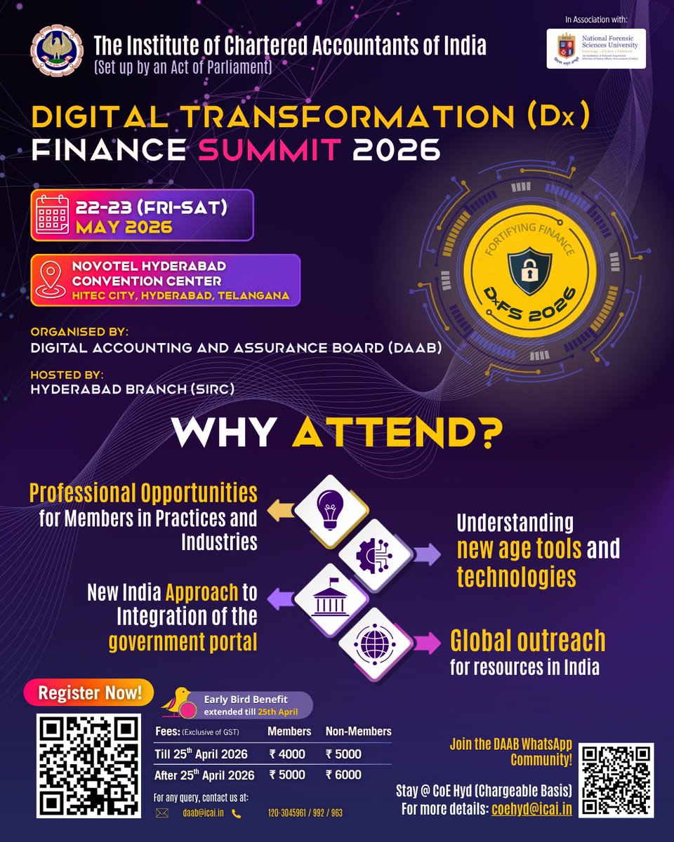 daabicai's tweet image. 🚀 Why Attend DxFS 2026?

 Professional opportunities in practice &amp;amp; industry
 Exposure to new-age tools &amp;amp; technologies
 Insights on government integration &amp;amp; global outreach

📅 22–23 May 2026 | Hyderabad
🔗 bit.ly/3NB84cy
#ICAI @CaDayaniwas 
@arpitkabra25@theicai