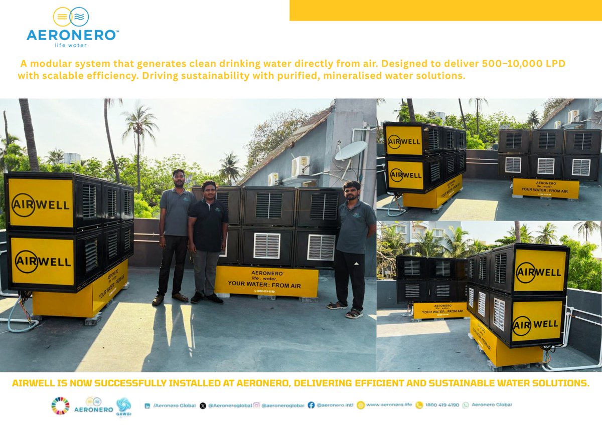 aeroneroglobal's tweet photo. #YourWaterFromAir
Water scarcity is a growing challenge.
But innovation is the answer.

At Aeronero, we’ve taken a step forward by installing AIRWELL, a modular system that converts air into clean, mineralised drinking water.

This isn’t just technology - it’s a sustainable shift.

- Scalable from 500 to 10,000 LPD
- Designed for efficiency
- Built for a better future

Because the air around us holds more potential than we think.

@aeroneroglobal @durgaaeronero @ravikarkara @rickykej @SDG2030 @thegawgi  @supriyasahuias @ErikSolheim @kiranshaw @thekiranbedi @sachin_rt @binaysrikant76 @TheVineetMittal @khushsundar 
@Indra_Noooyi @kiranshaw @RoshniNadarHCL @debjani_ghosh_ @VaniKola @upasanakonidela @aarthir @sunitanar @PriyaAH_Vedanta @vineetasng @Limeroad_Suchi @SmritiIraniOffc @MahuaMoitra @omooretweets @SVenkatachalam @preethareddy28 @CFigueres @drsangitareddy