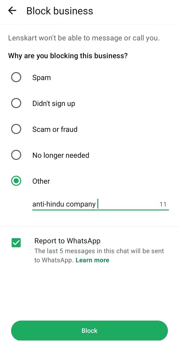 Stopped whatsapp notifications from <a href="/Lenskart_com/">lenskart</a> and blocked with valid reason....

#NoBusinessWithLenskart