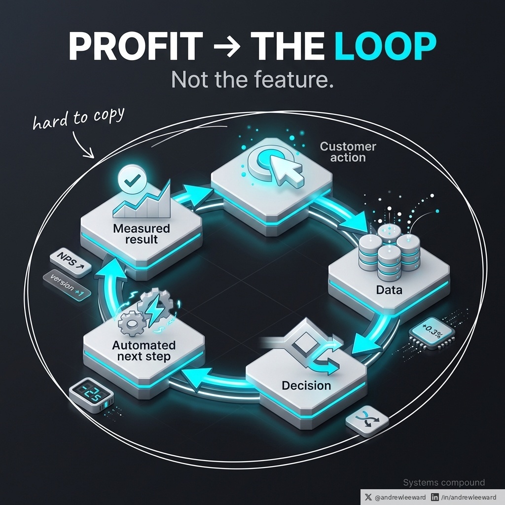 Profit comes from the loop, not the feature.

A competitor can copy a screen.
They can even copy a workflow.

What they struggle to copy (and what most leadership teams underinvest in) is the system that keeps improving while you sleep.

Because features are visible.
Loops are