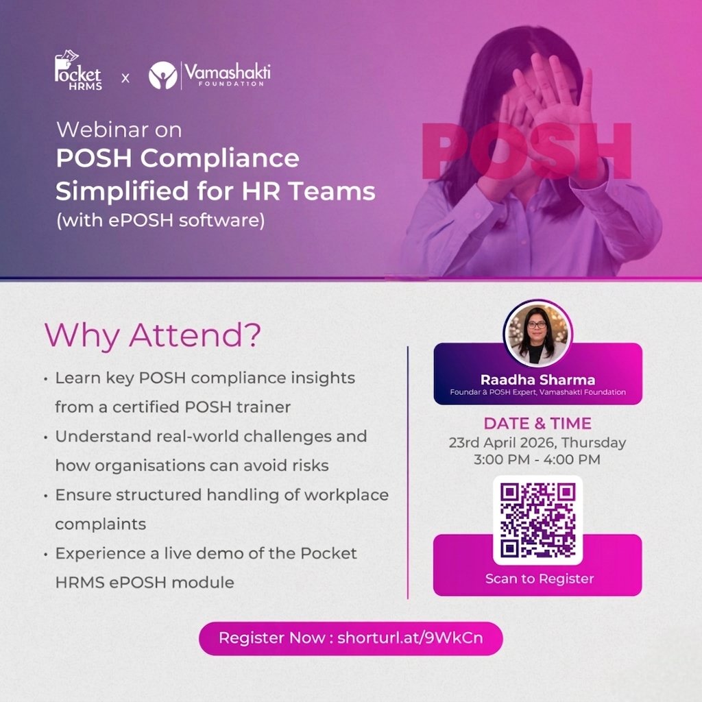 PocketHRMS's tweet photo. Join our upcoming webinar with a certified POSH trainer Raadha Sharma to understand common gaps, real-world challenges, and how to manage complaints the right way. We will also walk you through the ePOSH module in action.

Register now - https://t.co/ZOg2aRtexP

#POSH #ePOSH https://t.co/sjDvbE4mXK