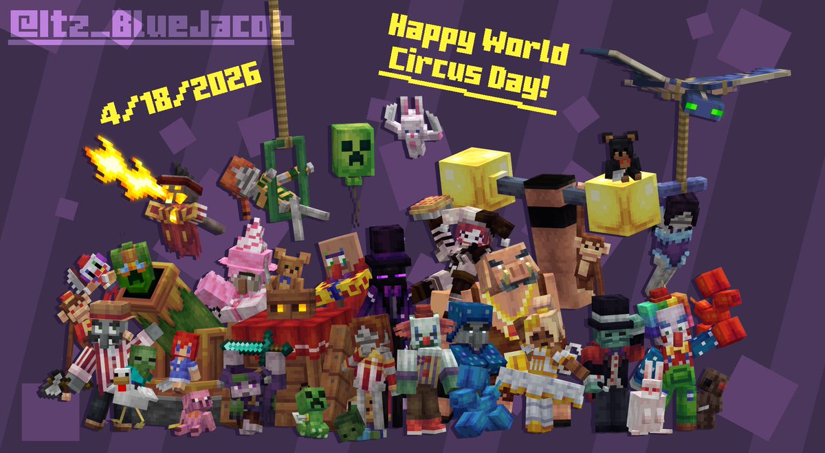Itz_BlueJacob's tweet photo. [🎪] 🤡 Happy World Circus Day! 🎉

Featuring my Circus mobs and some Vanilla mobs!

#Minecraft #MinecraftDungeons #LowPoly #PixelArt  #Art #OC #BlockBench #BlockyBigTop #FrighteningFair #WorldCircusDay #WorldCircusDay2026 https://t.co/5j0sQqnjfh