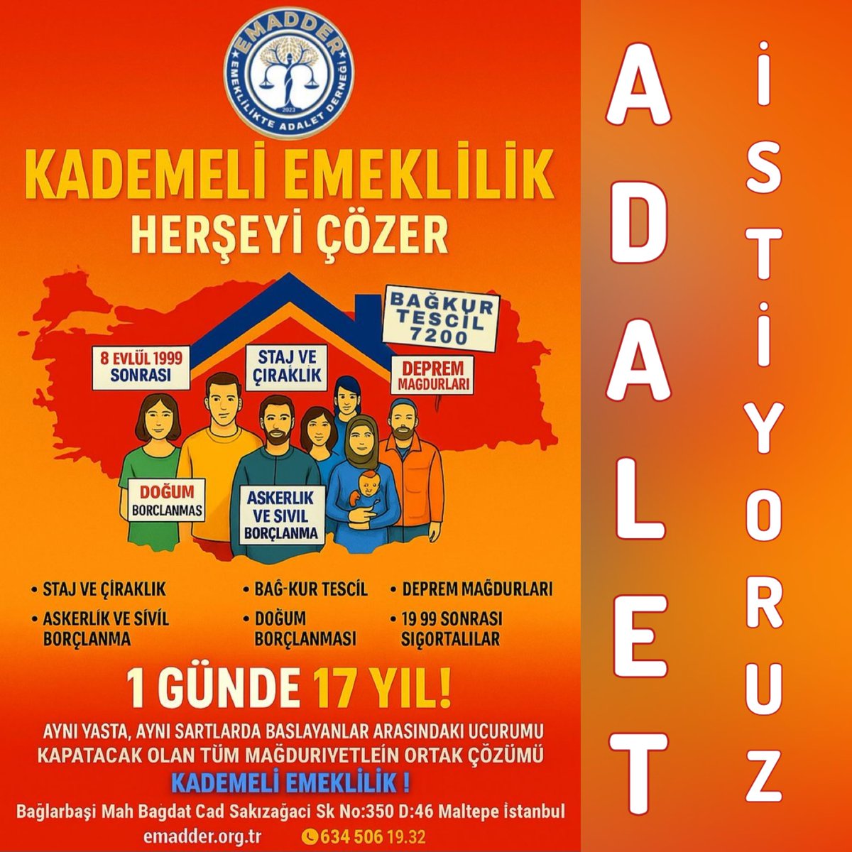 Emeklilikte Kademe Adalet ve Hukuk meselesidir.

Adil, Adaletli ve Anayasal eşitlik ilkesine uygun bir an önce ve acilen yasalaşması Elzemdir.
<a href="/EmadDernegi/">EMEKLİLİKTE ADALET DERNEĞİ ⚖️</a> 
#KademedenAdaletÇağrısı
