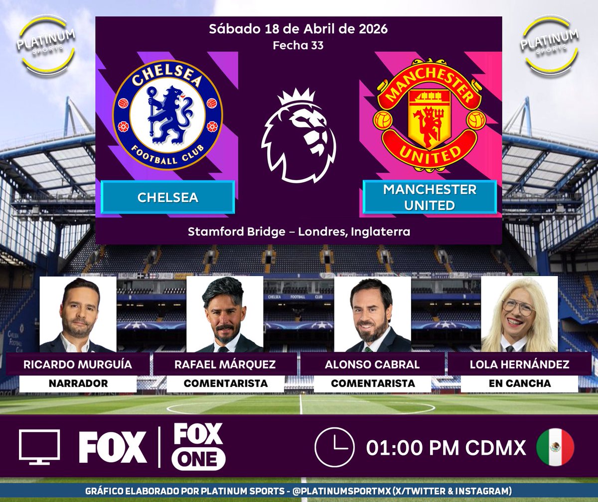 PlatinumSportMX's tweet image. ⚽️ #PremierLeague 🏴󠁧󠁢󠁥󠁮󠁧󠁿 | #Chelsea vs. #ManchesterUnited 
🇲🇽📺 @somos_FOX 
🇲🇽📱💻 #FOXOne 
🎙 @RICARDOMURGUIA 
🎙️ @RafaMLOficial 
🎙️ @Alonso_Cabral 
🎙️📝 @lolahernan 
 
#FOX - #CHEMUN