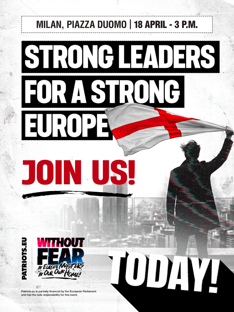 Our major meeting is taking place today in Milan in the presence of political leaders from the patriotic family. 

Thousands of people are expected under the Milanese sun 🌞

📍 Milan, Piazza Duomo 
🗓️ Today, 3PM