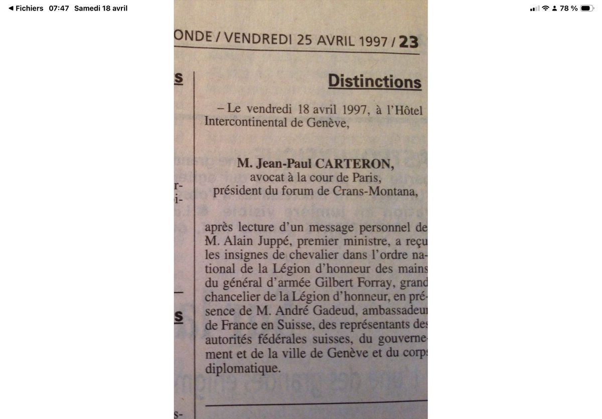 AmbJPCarteron's tweet photo. Anniversaire - 18 avril 1997 à Genève
🇨🇭 🇫🇷
À la demande de M. Alain #Juppé Premier ministre, le Grand #Chancelier de la Légion d’Honneur, Général Gilbert #Forray venu à Genève, remet à l’Amb. Jean-Paul Carteron, Fondateur du CMF Crans Montana Forum les insignes de Chevalier de la Légion d’Honneur en présence de très nombreuses personnalités et du corps #diplomatique à #Genève.
@CransMontanaF @cransmontana @AmbJPCarteron
