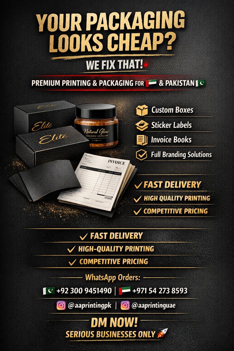 raheel91s's tweet image. Premium Printing &amp;amp; Packaging for UAE 🇦🇪 &amp;amp; Pakistan 🇵🇰

Helping businesses look professional and sell more with premium packaging. 🚀
#PrintingServices #PackagingDesign #Branding #UAEBusiness #PakistanBusiness #AmazonFBA #CustomBoxes #SmallBusiness #BusinessGrowth