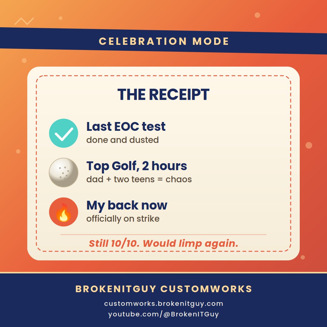 BrokenITGuy_'s tweet image. POV: your kid finishes his last end-of-course test, so you take him and his buddy to Top Golf for 2 hours… and now your back is staging a full-on protest. 😮‍💨⛳
Worth. Every. Swing.
🌐 brokenitguy.com
📺 youtube.com/@BrokenITGuy
#DadLife #TopGolf #WorthIt #EOCDone