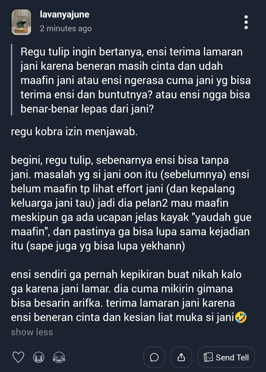 lavanyajune's tweet image. ❓ Regu tulip ingin bertanya, ensi terima lamaran jani karena beneran masih cinta dan udah maafin jani atau ensi ngerasa cuma jani yg bisa terima ensi dan bun...
💬 regu kobra izin menjawab.

begini, regu tulip, sebenarnya ensi bisa tanpa jan... #tellonym  tellonym.me/lavanyajune/an…