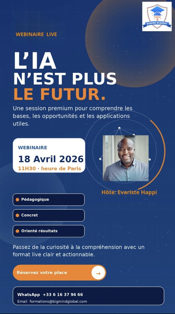 emmarock007's tweet photo. 🔥 C'est aujourd'hui le webinaire sur l’Intelligence Artificielle !
🎙️ Session LIVE gratuite avec Evariste Happi

👉 Inscrivez-vous maintenant avant qu’il ne soit trop tard :
https://t.co/MyBmST8HUB

🚀 C’est le moment de comprendre l’IA et booster tes compétences ! https://t.co/HN6zPTIBgO