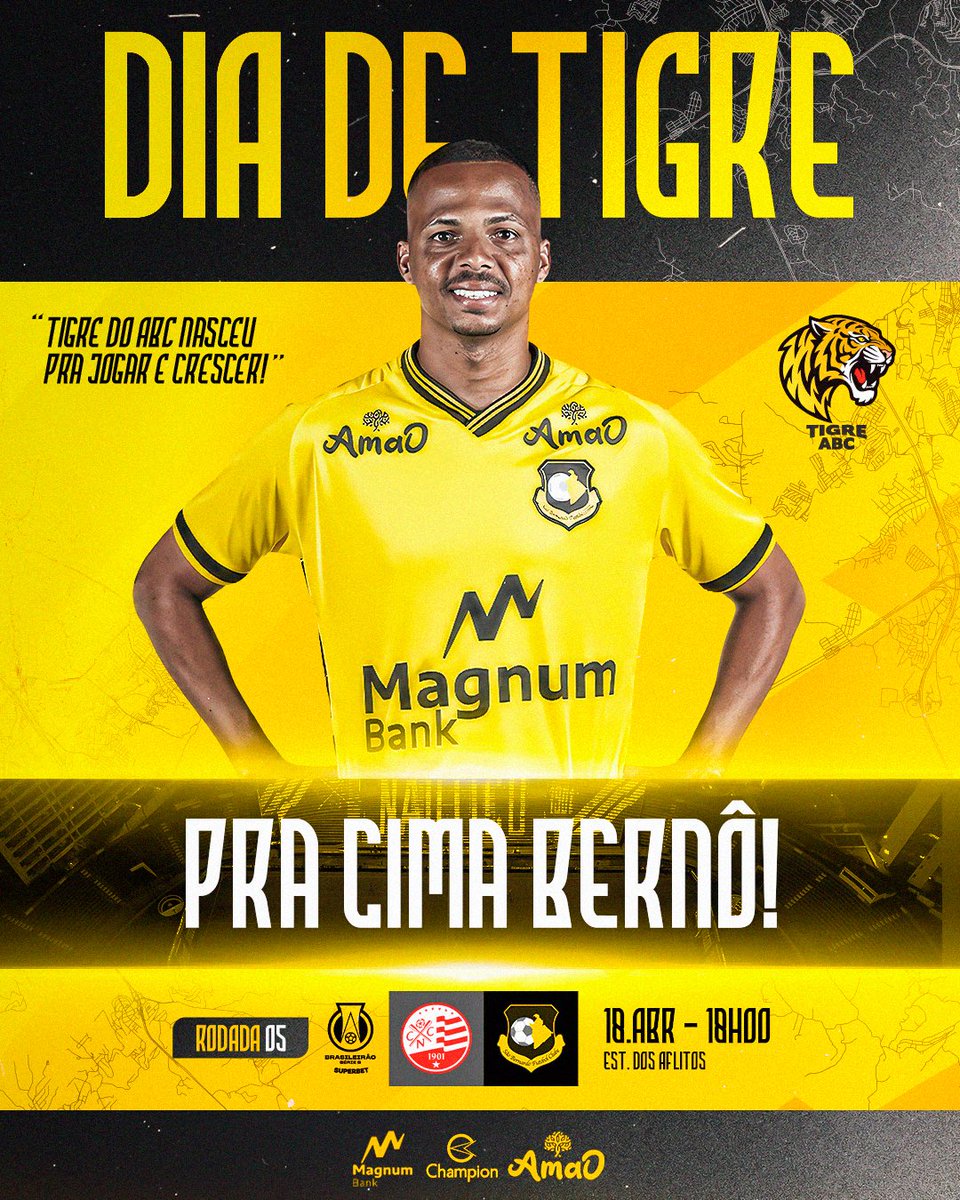 É dia de Tigre na Série B! 🟨⬛️

O desafio é contra o Náutico, neste sábado, às 18h, pela 5ª rodada da competição.

📺 Transmissão: Premiere

É hora de mostrar a nossa força, dentro e fora de campo. 

Vamos em busca da vitória!

#VamosTigre #SBFC #SãoBernardo #DiaDeJogo