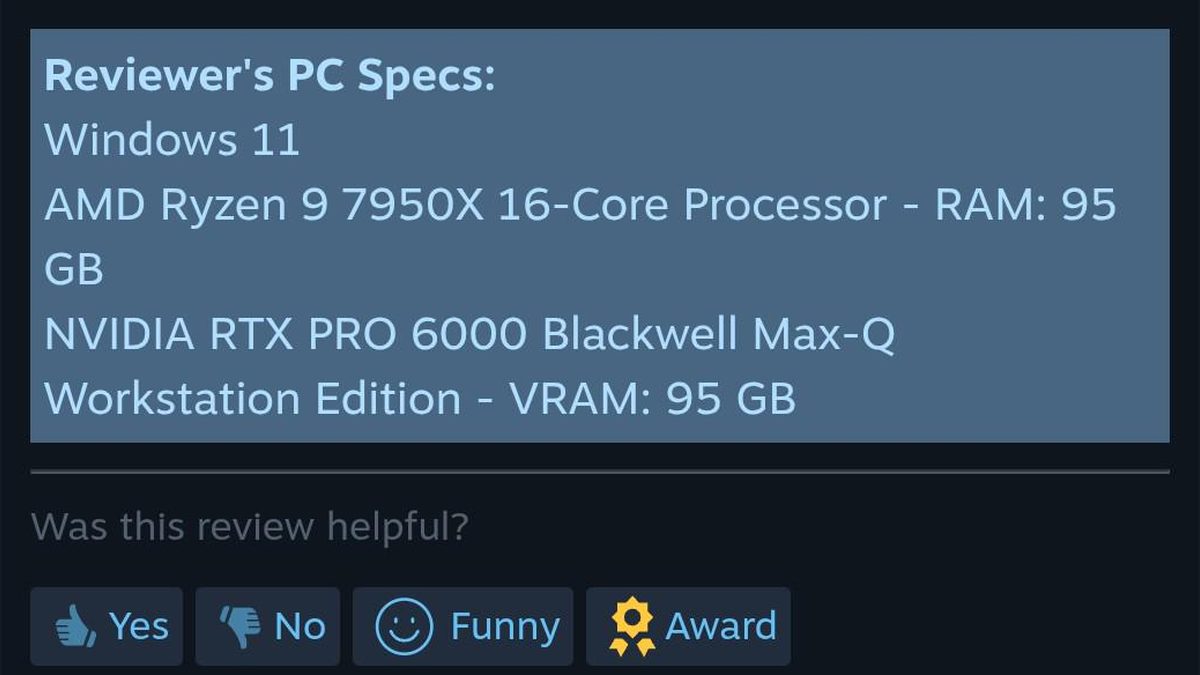 HappyGamerNews's tweet image. New Game's Wild Hardware Specs Leave Steam Users Stunned

#NewGame #Gear

@Steam