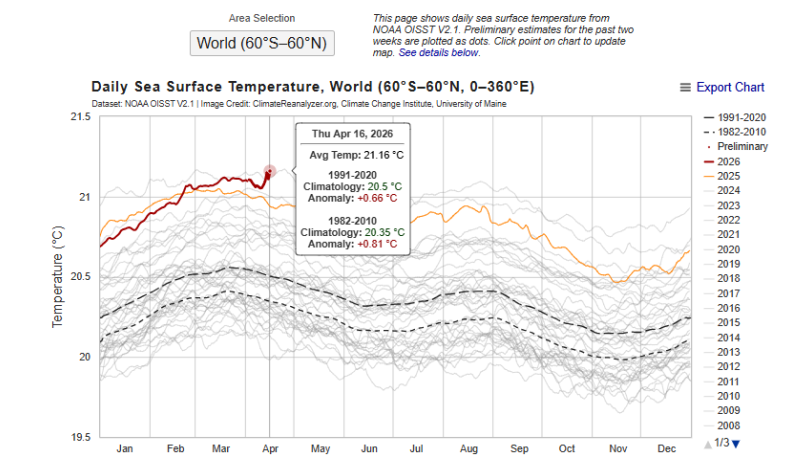 RAM_meteo's tweet image. Otro día donde la temperatura superficial de los mares #SST a nivel global alcanza un nuevo récord diario a mediados de abril de 2026, y ya son varios  días, con unas aguas en el Pacífico ecuatorial que se van a calentar más en 2026.
#ElNiño  
tiempo.com/ram/la-tempera…