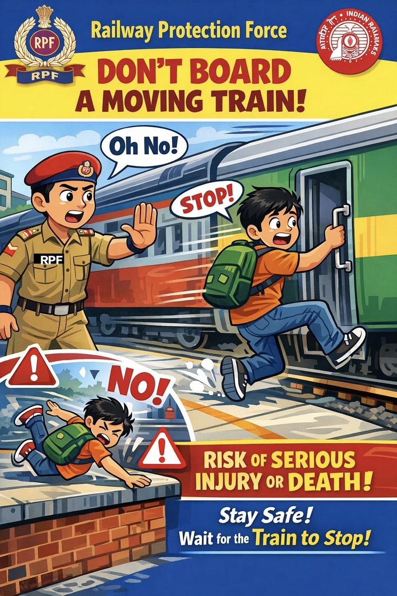 ErRpf's tweet image. Don’t risk your life—never board a moving train! Safety first: Wait for the train to stop. चलती ट्रेन में चढ़ना जानलेवा है! सुरक्षा पहले—ट्रेन रुकने पर ही चढ़ें। চলন্ত ট্রেনে ওঠা প্রাণঘাতী! নিরাপত্তা আগে—ট্রেন থামলে তবেই উঠুন।
#passengersafety #Awareness
@RPF_INDIA
@RailMinIndia