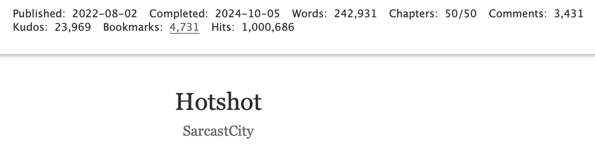 SarcastCity's tweet photo. It has been brought to my attention that my baby, my two-year-labor-of-love, Hotshot, now has a million hits. 

Thank you so much for reading &amp; I'm honestly really overwhelmed that so many people have read, commented, kudos'd &amp; experienced the story I wrote.

Much love,
Sarcast❤️ https://t.co/lBRTC7rJN9