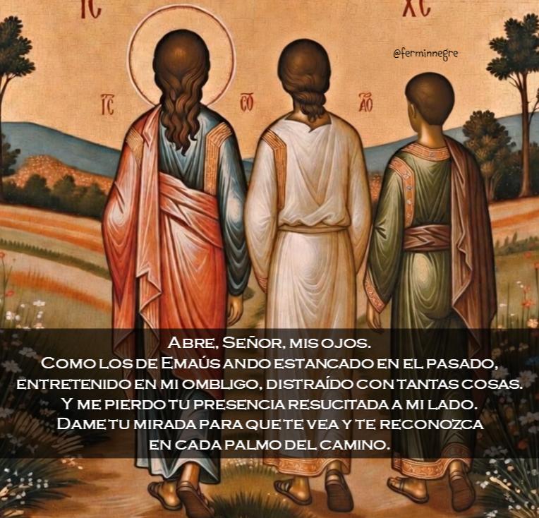 Como los de #Emaús, Señor, ando sin verte a mi lado, sin reconocerte en mi caminar. Abre mis ojos para que te reconozca al partir el pan de la Palabra y la Eucaristía, en el rostro de los hermanos y al compartir la vida.
#EvangelioDelDia #EvangelioDeHoy #FelizDomingo
📖👇