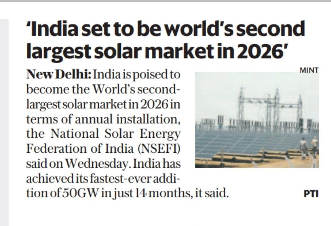 SipraMohanty6's tweet image. India is not just rising in population or economy—it is rising with the power of the sun.Set to become the world’s second-largest solar market in 2026,India is proving that growth and sustainability can go hand in hand.50 GW added in just 14 months#India #SolarPower  #GreenFuture