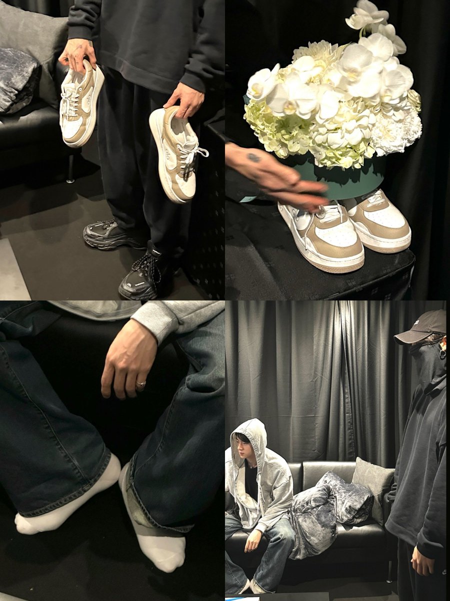 eternalhyyh's tweet image. Jungkook turning Seokjin's shoes into a flower decoration 😭