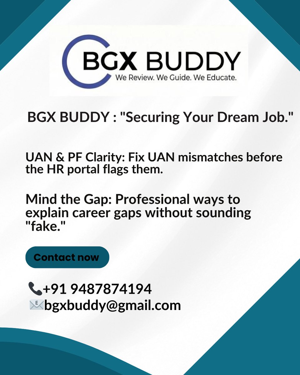 BgxBuddy's tweet image. The "Problem/Solution" Style

​UAN mismatch? ❌ Career gap worries? ❌

​Get BGX Buddy to review your documents before HR does. Secure your onboarding with confidence! 💼

Contact us 

​Email: ✉️ bgxbuddy@gmail.com

​📞 +91 9487874194

#mnc #careergrowth #bgv #IT