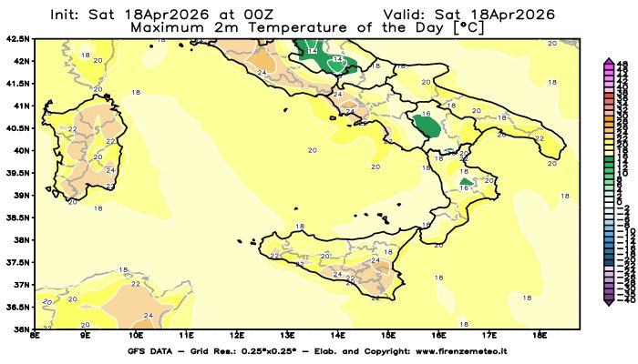 firenzemeteoit's tweet image. #Temperature #massime previste in Italia oggi (18/04/2026) dal global model GFS.
Link ITA: firenzemeteo.it/maps/gfs-tempe…
            
#Maximum #temperatures #forecast in Italy today (18/04/2026) by the GFS global model.
Link ENG: firenzemeteo.it/en/maps/gfs-ma…
