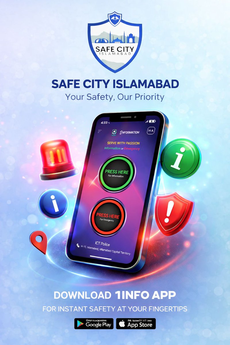 ICT_Police's tweet image. Stay safe using 1 Info App, report incidents instantly and stay connected with Islamabad Police anytime, anywhere.

#WeRIslamabadPolice #Islamabad #SCI