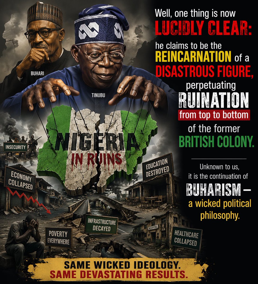 Well, one thing is now lucidly clear: he has admitted to be the reincarnation of a disastrous figure, perpetuating ruination from top to bottom of the former British colony. Unknown to us, it is the continuation of Buharism — a wicked political philosophy.