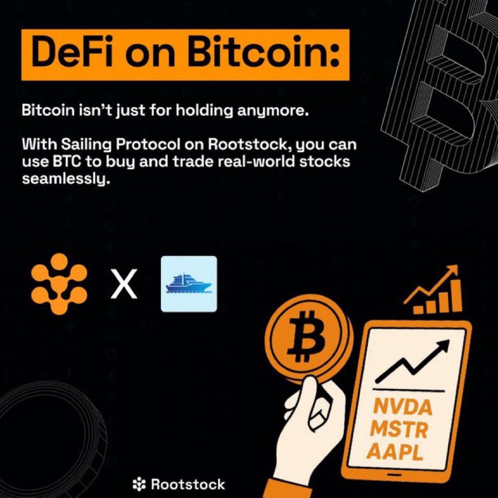 A_mayleeyah's tweet photo. Picture using Bitcoin to get direct access to real stocks like $AAPL, $NVDA, or $MSTR no need for banks, or brokers or approval layers. Just your BTC interacting with markets on your own terms.

That’s what @sailingprotocol brings to @rootstock_io. It functions like an onchain stock desk, secured by Bitcoin, where you keep custody, trade directly, and even skip the usual settlement delays.

Instead of holding BTC and waiting, it becomes active capital with access to global equities. No weekend shutdowns…. No paperwork….No intermediaries slowing things down for you.
This Onchain markets runs nonstop, you’re fully in control, and its moves very fast. Totally Borderless and permissionless.l!

As a user, Your Bitcoin doesn’t have to sit idle With @sailingprotocol on @rootstock_io , it opens the door to real world assets in a system that is open, efficient, and built around Bitcoin.

Get started today: 👇👇👇

https://t.co/gRr3uCNjwH