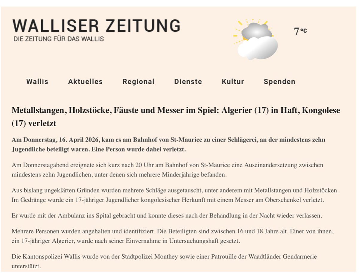 Metallstangen, Holzstöcke, ein Messerstich – in St-Maurice prügeln sich Jugendliche. Beteiligte: Kongolese, Algerier. Fast täglich solche Meldungen. Verfehlte Migrationspolitik und ungebremste Zuwanderung machen unser Land unsicherer. Ja zur #Nachhaltigkeitsinitiative