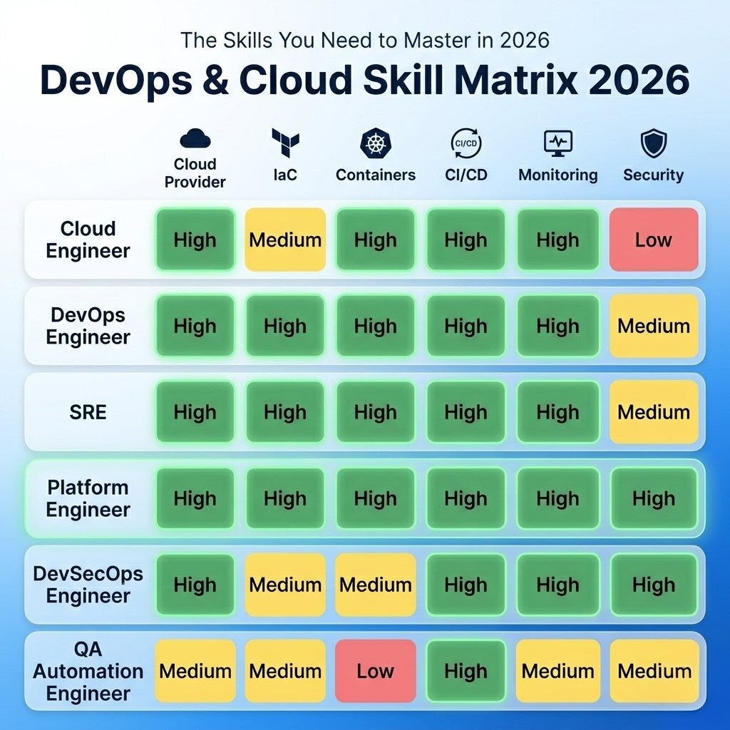 MDWazidKhan06's tweet image. 🚀 Want to be a Platform Engineer in 2026?

Master the 6 pillars 👇
☁️ Cloud | ⚙️ IaC | 📦 Containers | 🔁 CI/CD | 📊 Monitoring | 🔐 Security

Which role are you targeting? 👇

#DevOps #Cloud #SRE #Tech