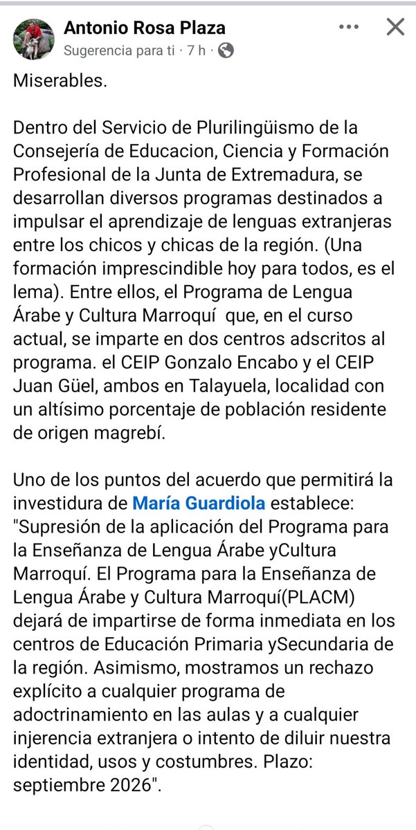 En Extremadura después del pacto de gobierno PP/VOX no se podrá estudiar lengua árabe ni cultura marroquí 😡 ¿Puede prohibirse el estudio de una lengua de un país? Me gustaría  conocer la opinión de la #Embajada de Marruecos en España <a href="/emba204/">Embajada Marruecos</a>