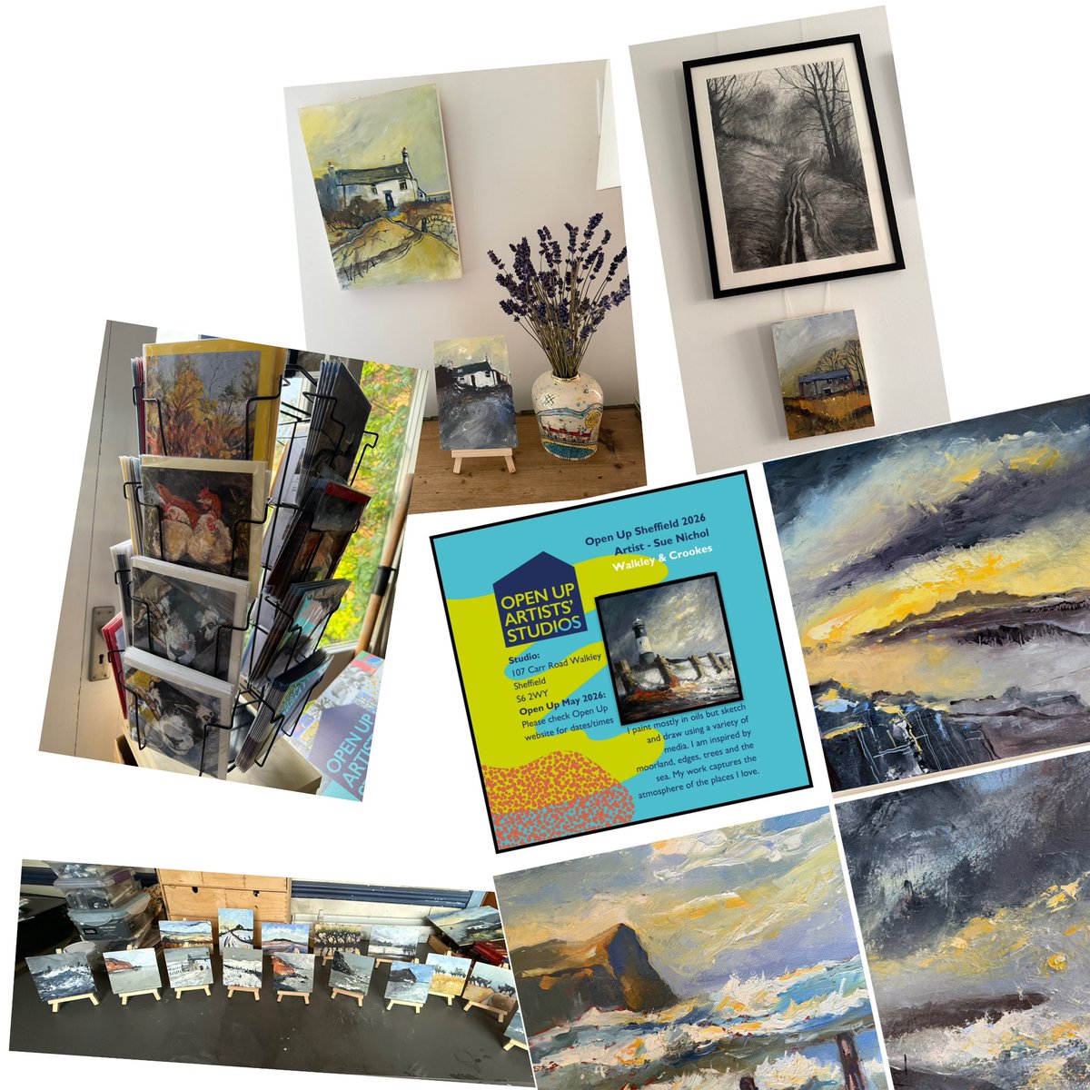 staithesartist's tweet image. Two weeks today will see #artists across Sheffield opening their studios to, hopefully lots of lovely visitors. I am looking forward to welcoming you. The studio has a floor again, the collection of miniatures complete, the cards in their spinners, the garden looking splendid.