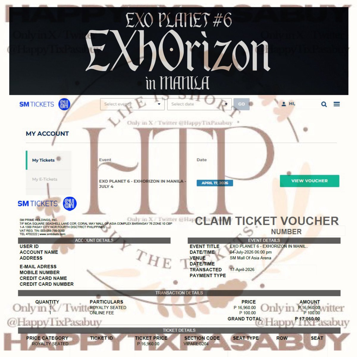 HappyTixPasabuy's tweet photo. EXO PLANET #6 EXhOrizon in MANILA (EXO-L Membership Presale) (Secured April 17) - PART3
✅ Secured ROYALTY SEATED, BOX REGULAR Tickets
✅ Under client’s own account
‼️ NOT FOR SALE‼️
#TixUpdatesByKy
#EXO #엑소 #weareoneEXO #EXOPLANET #EXhOrizon #EXhOrizoninMANILA https://t.co/FpaDtjefDF