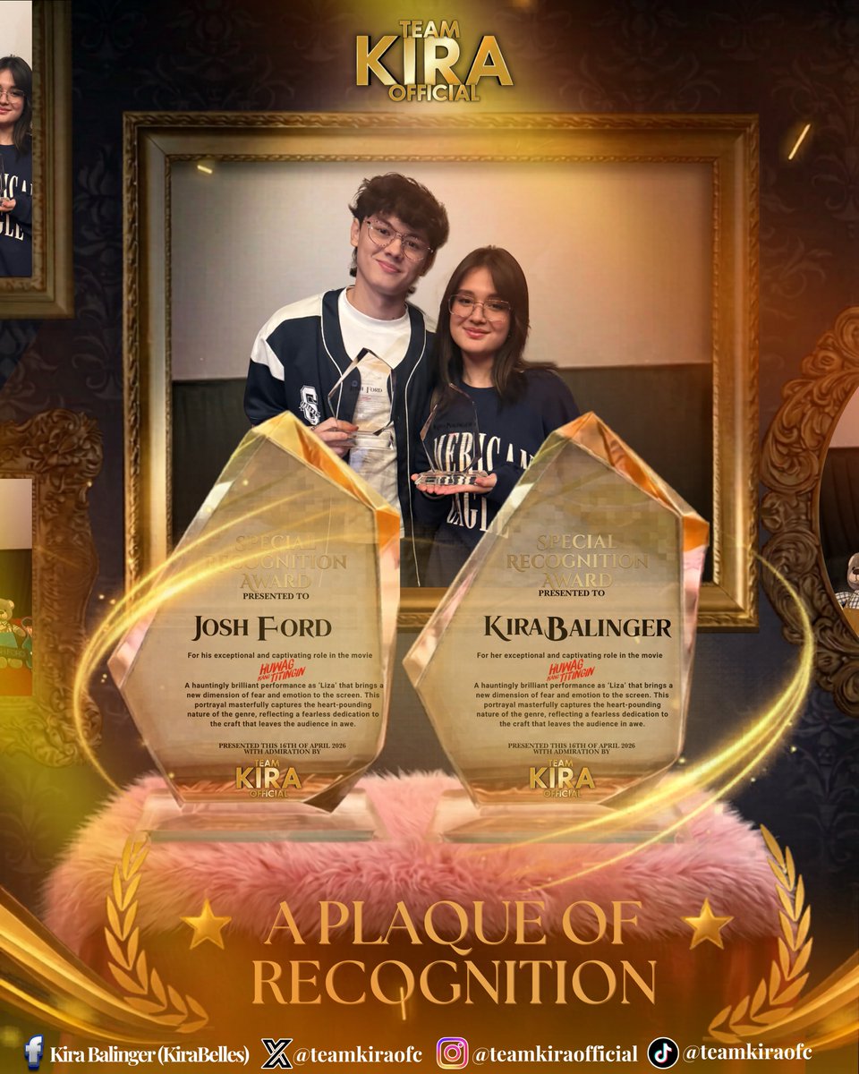 TeamKiraOFC's tweet photo. Handa ka bang tumingin... sa amazing event na ito? 👀🏆✨

What an unforgettable day of love, laughter, and cinematic suspense! A massive thank you to everyone who joined our KiraBelles X Koshy's collaboration to support Kira Balinger and Josh Ford for their movie Huwag Kang Titingin. 

From the moment we distributed the packed freebies featuring custom 'Onat' and 'Liza' items, snack boxes, and movie memorabilia 🎁✨ the energy was incredible! The full-house cinema was buzzing, and seeing everyone's reaction made all the hard work worth it.

A very special moment was presenting Kira and Josh with our Plaque of Recognition. 🏆 We wanted them to feel our deep appreciation for their captivating roles and their genuine smiles when receiving them was the best part of the day.

See you next time! 💛💙🩵 @joshfordempire @joshford321 @GMAPictures 

#KiraBalinger | Kira Balinger | @Kbalinger