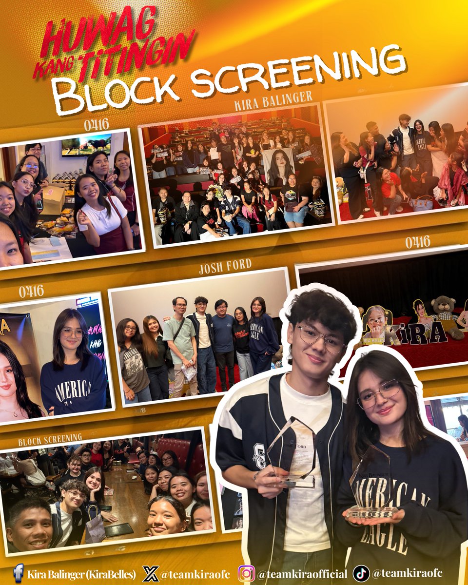 TeamKiraOFC's tweet photo. Handa ka bang tumingin... sa amazing event na ito? 👀🏆✨

What an unforgettable day of love, laughter, and cinematic suspense! A massive thank you to everyone who joined our KiraBelles X Koshy's collaboration to support Kira Balinger and Josh Ford for their movie Huwag Kang Titingin. 

From the moment we distributed the packed freebies featuring custom 'Onat' and 'Liza' items, snack boxes, and movie memorabilia 🎁✨ the energy was incredible! The full-house cinema was buzzing, and seeing everyone's reaction made all the hard work worth it.

A very special moment was presenting Kira and Josh with our Plaque of Recognition. 🏆 We wanted them to feel our deep appreciation for their captivating roles and their genuine smiles when receiving them was the best part of the day.

See you next time! 💛💙🩵 @joshfordempire @joshford321 @GMAPictures 

#KiraBalinger | Kira Balinger | @Kbalinger
