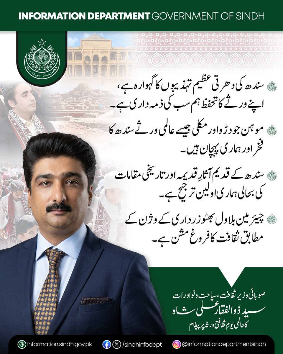 وزیر ثقافت، سیاحت و نوادرات سید ذوالفقار علی شاہ نے عالمی یومِ ثقافتی ورثہ کے موقع پر اپنے پیغام میں کہا ہے کہ سندھ کی دھرتی عظیم تہذیبوں کا گہوارہ ہے اور اپنے تاریخی و ثقافتی ورثے کا تحفظ ہم سب کی مشترکہ ذمہ داری ہے۔
انہوں نے کہا کہ موہن جو دڑو اور مکلی جیسے تاریخی و عالمی اہمیت