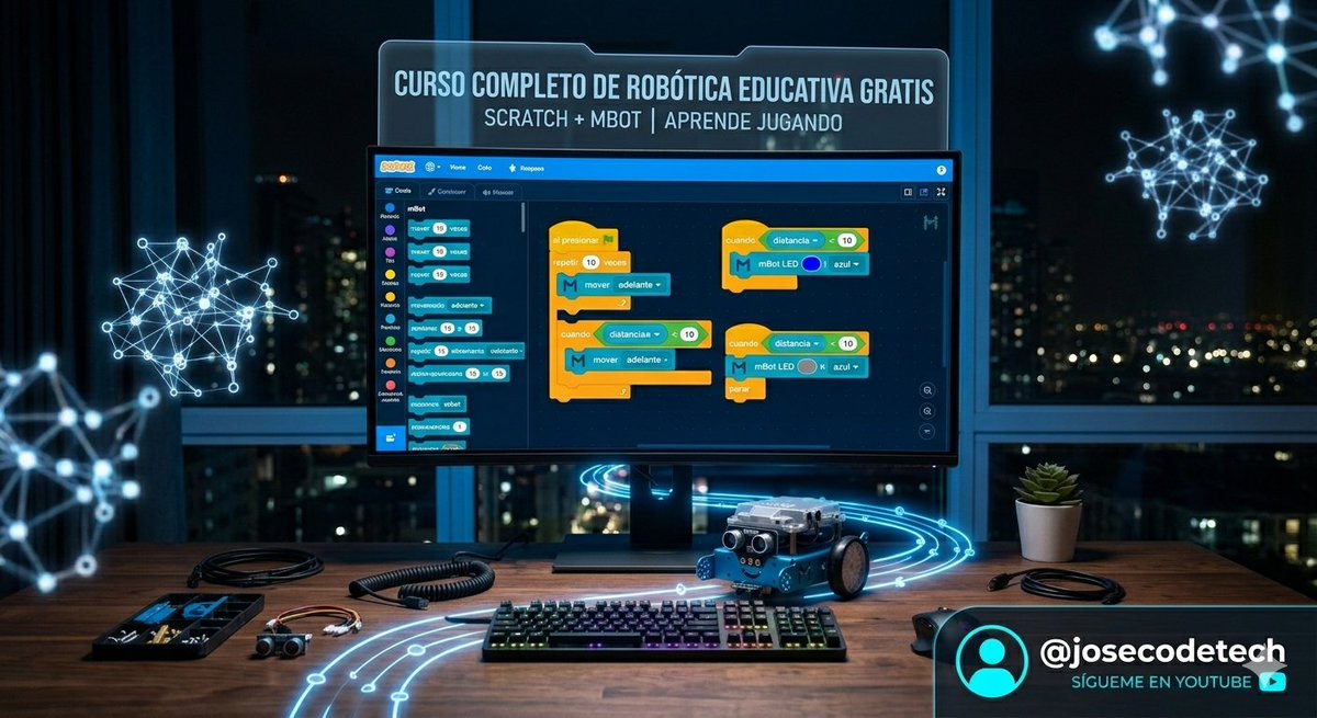 josecodetech's tweet image. 🚀 ¡Pasa de la pantalla a la realidad! 🤖💻
¿Quieres aprender robótica pero no sabes por dónde empezar? He creado la guía definitiva:
1️⃣ Domina Scratch por bloques.
2️⃣ Dale "cerebro" a tu mBot.
🎁 GRATIS.
🔗 youtube.com/watch?v=9-RIc_…
¡Suscríbete! 🛠️✨
#Robotica #Scratch #mBot
