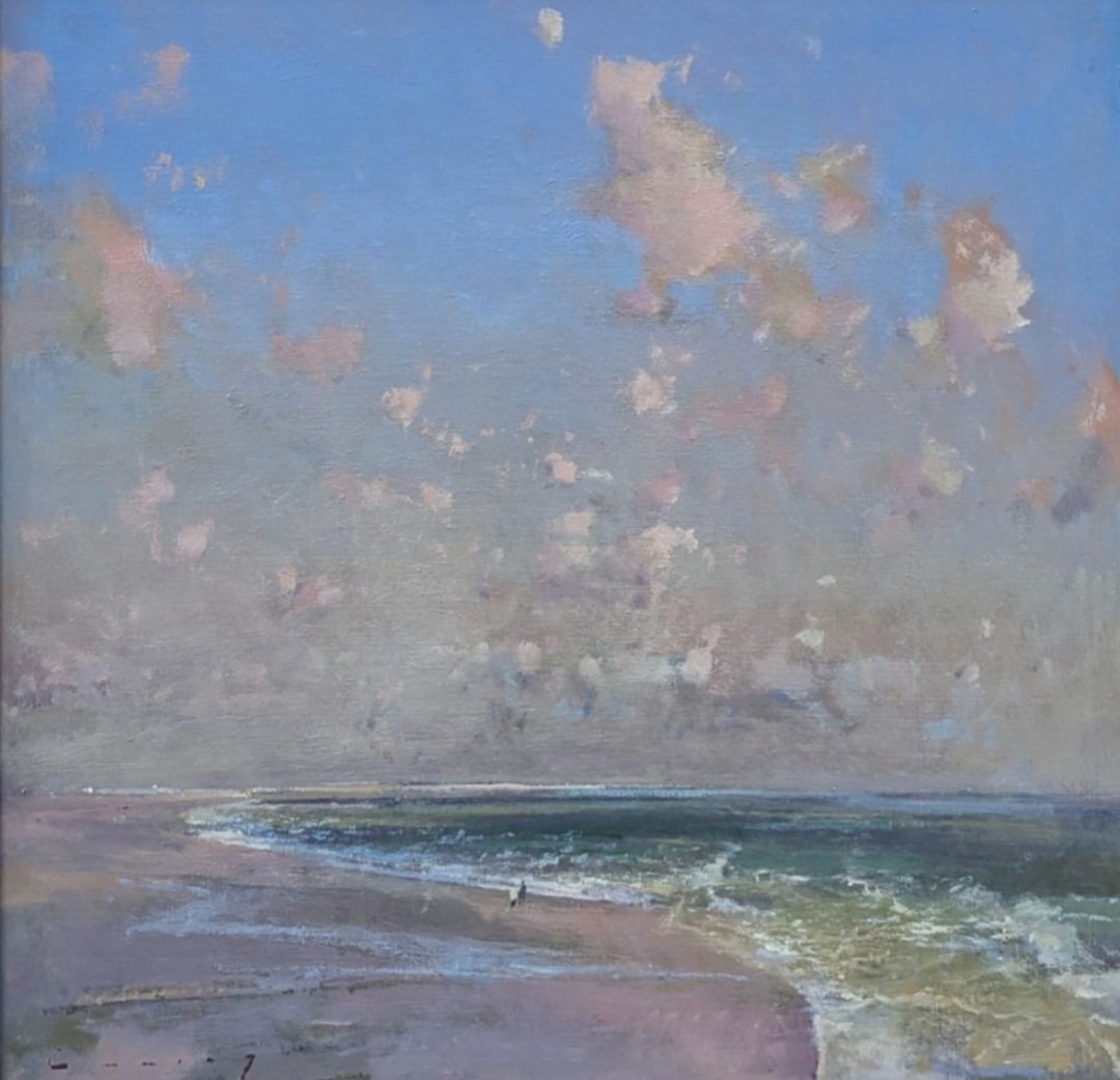 Fred Cuming was considered one of the finest landscape painters of his generation. Much of his work celebrates southern English coastlines; the sea and skies of Hastings,  Rye or Camber as here, illuminated by dawn, dusk, or glowing moonlight.