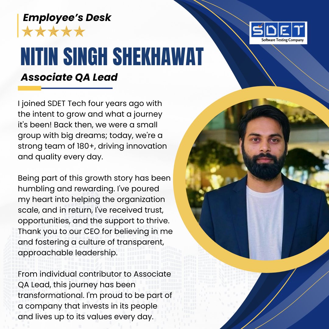 SDET_TECH's tweet image. Celebrating Nitin Singh Shekhawat's incredible 4-year journey at SDET Tech. Thank you for your dedication, Nitin! 🚀 

#WorkAnniversary #4YearsStrong #AssociateQALead #LifeAtSDETTech #QualityAssurance