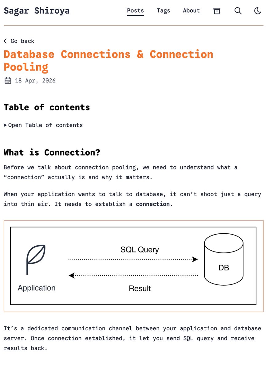 sagarshiroya_x's tweet image. Database connections are expensive.
Opening and closing them on every request? 
Even worse.

I wrote a simple breakdown on how connection pooling actually works and why it matters

Link: sagarshiroya.dev/posts/database…

#Database #SytemDesign