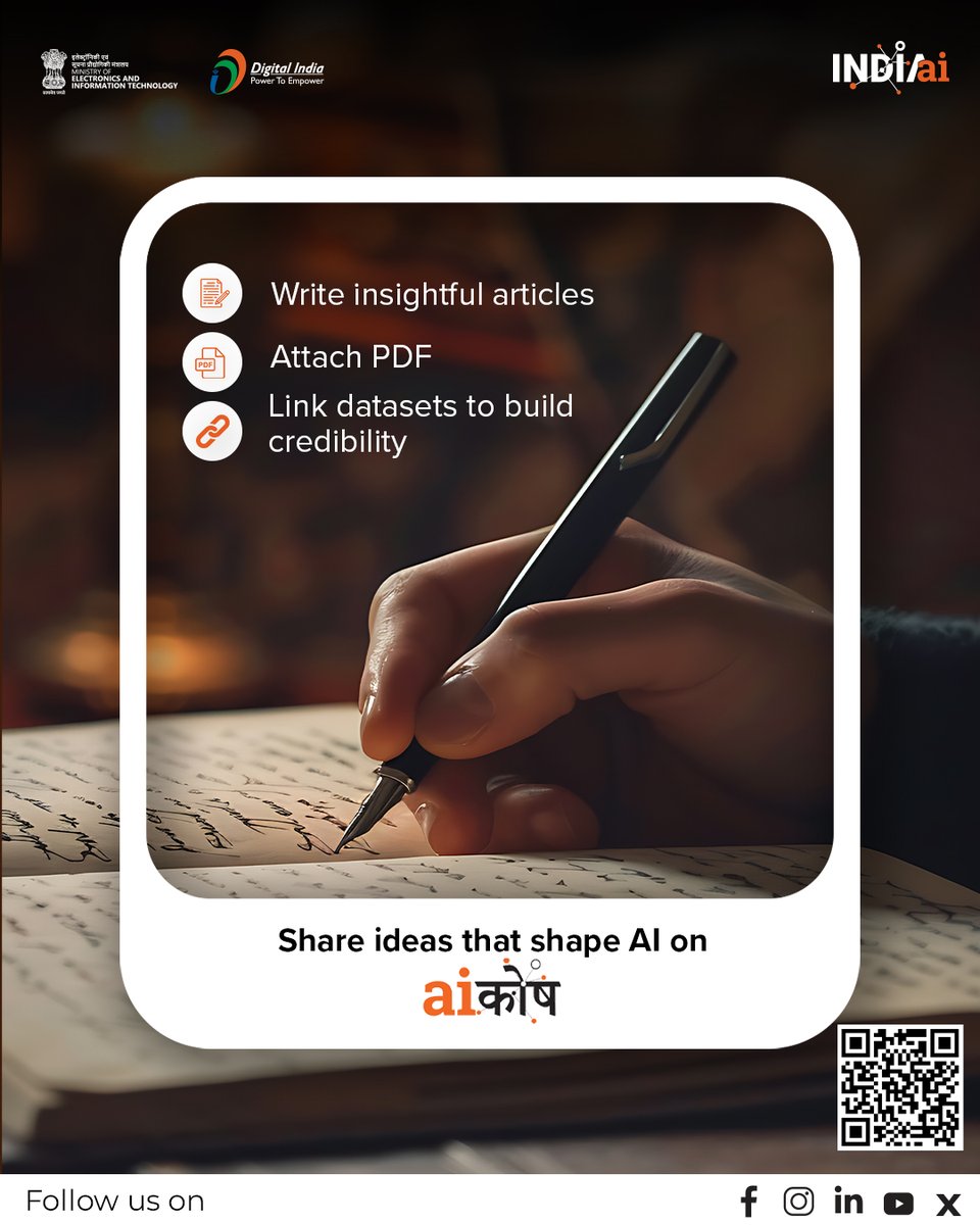 OfficialINDIAai's tweet photo. Your ideas deserve more than just drafts!
You can now publish your articles on AI Kosh and drive meaningful discourse on AI.
Explore & start writing: https://t.co/UMVakVm7Hk
#AIKosh #IndiaAI #AIThoughtLeadership #WriteWithImpact #AICommunity
@AshwiniVaishnaw @jitinprasada @PIB_India @SecretaryMEITY @kavitabha @GoI_MeitY @_DigitalIndia @mygovindia