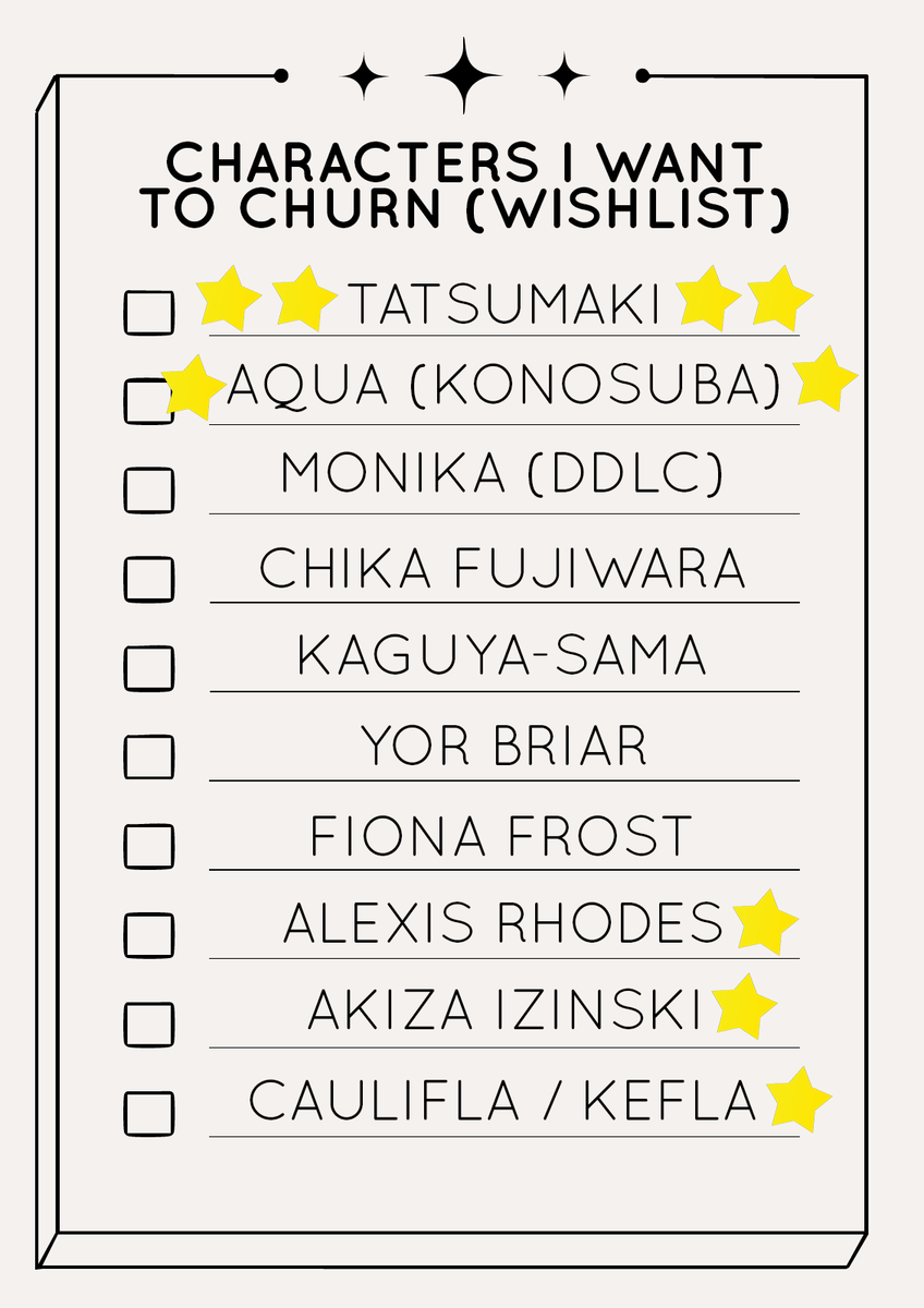 / I decided to make a wishlist of characters I would love to churn.

Each star represents that if you use that character in your profile, you have a higher chance to get my eyes and melt you for good.

More stars is more I love those characters. Tatsumaki is 100% my main target.