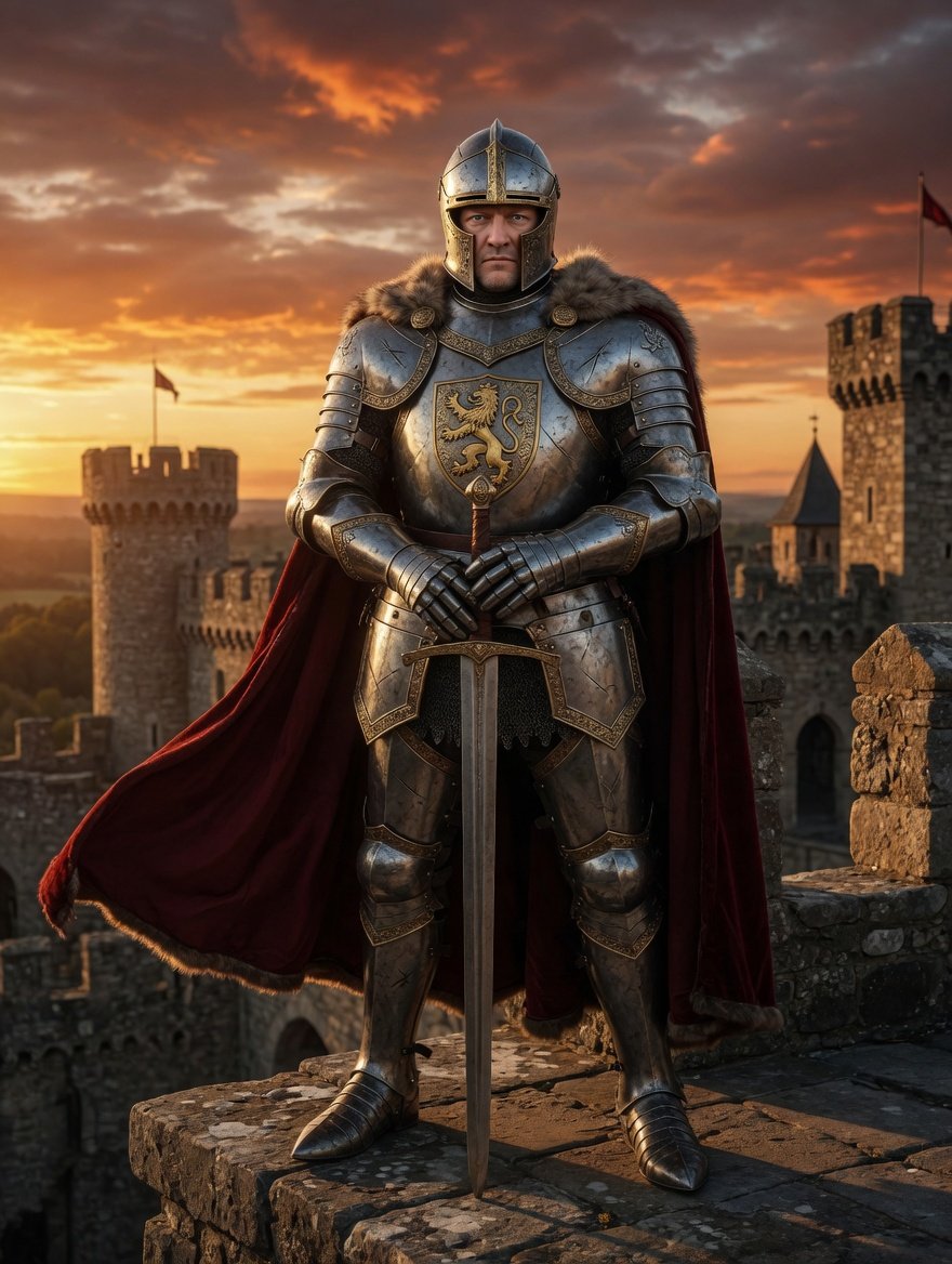 Art49558Ai's tweet image. A man clad in armor stands on the battlements, facing the setting sun. The sword resting on the ground is no longer a weapon, but a symbol of choice. True strength lies not in battle, but in what you are willing to stand for, even as the day draws to a close.
#Knight #Honor